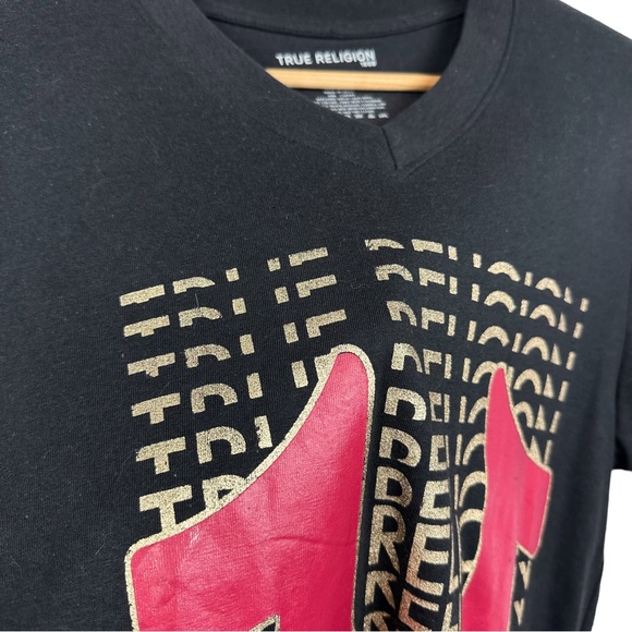 True Religion V Neck All Over Gold Metallic Logo Stretchy Short Sleeve T Shirt S - Picture 9 of 10